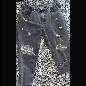 Distressed Women's High-Rise Gray Mom Jeans